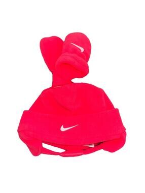 Nike Baby Fleece Hat Chin Strap Mittens 2 Piece Set Hot Pink Infant NWT 12/24M